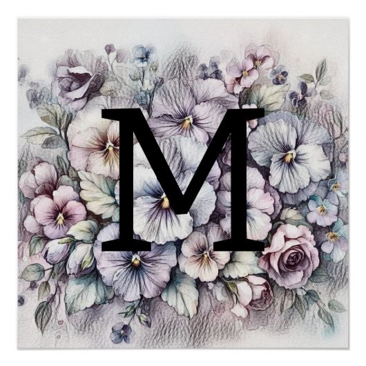 Monogramm blumenzeichnend rosa Stiefmütterchen Blu Poster (Vorderseite)