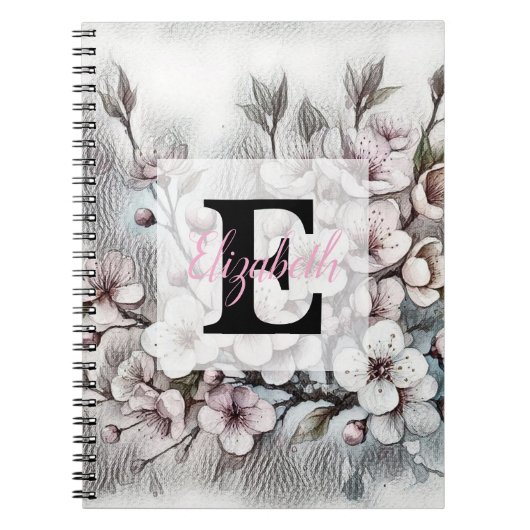 Monogramm-Blumenzeichnung rosa Kirschblüte Notizblock (Vorderseite)