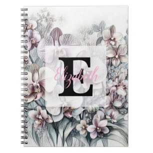 Monogramm-Blumenzeichnung rosa Orchideenblüten  Notizblock