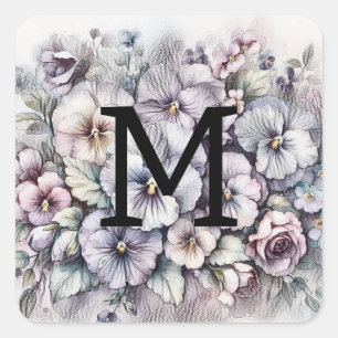 Monogramm-Blumenzeichnung rosa Stiefmütterchen-Blu Quadratischer Aufkleber