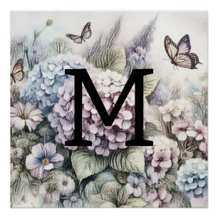 Monogramm blumig zeichnend, rosa Purpurhydrange Poster