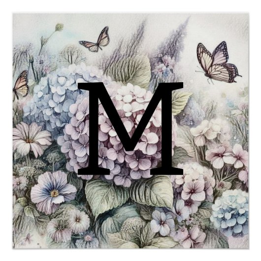 Monogramm blumig zeichnend, rosa Purpurhydrange Poster (Vorderseite)