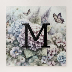 Monogramm blumig zeichnend, rosa Purpurhydrange Puzzle