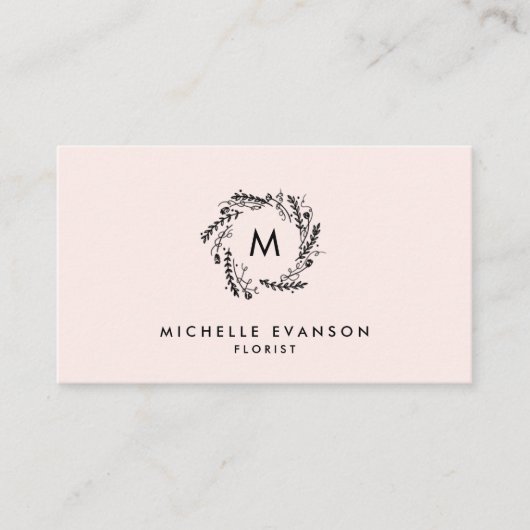 Monogramm Blush Pink und Schwarzer Blütendraht Visitenkarte (Vorderseite)