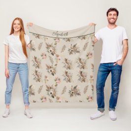 Monogramm Boho Beige Grün Rosa Blumen Botanisch  Fleecedecke