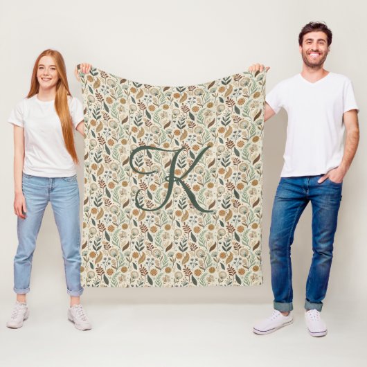 Monogramm Boho Blätter Botanisch Braun Grün Beige Fleecedecke (Beispiel)