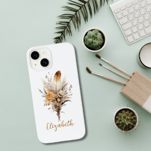 Monogramm Boho Blumen Braun Beige Weiß Grau iPhone 14 Hülle