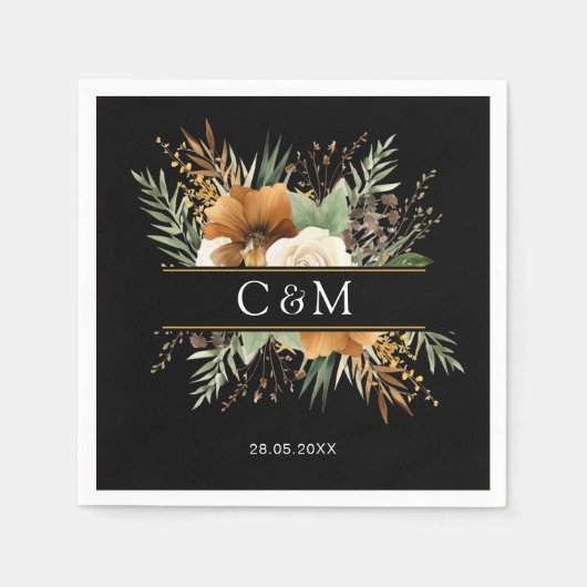 Monogramm, Boho, elegante Blume Serviette (Vorderseite)