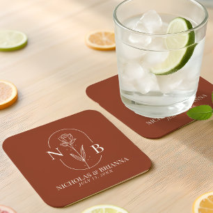Monogramm Boho Terrakotta Gebranntes Orange Hochze Rechteckiger Pappuntersetzer