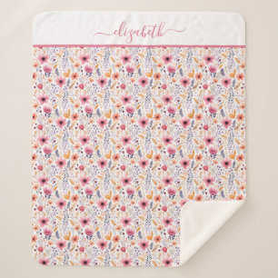 Monogramm Boho Wildblume Pink Orange Lila Blumenmu Sherpadecke