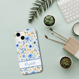 Monogramm Boho Wildblumen Blau Gelb Floral Case-Mate iPhone 14 Hülle