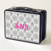 Monogramm botanisches Schwarz-Weiß-Blütenblatt Metall Brotdose (Rückseite)