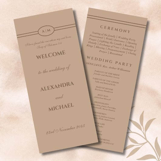 Monogramm Braun Beige Christliche Hochzeitsprogram Programm