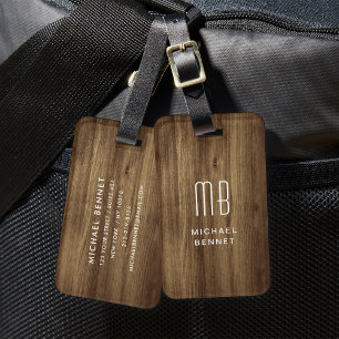 Monogramm Braune Faux-Holz-Textur Gepäckanhänger