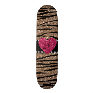 Monogramm brauner Glitzer Zebrastreifen rosa Herz Skateboard