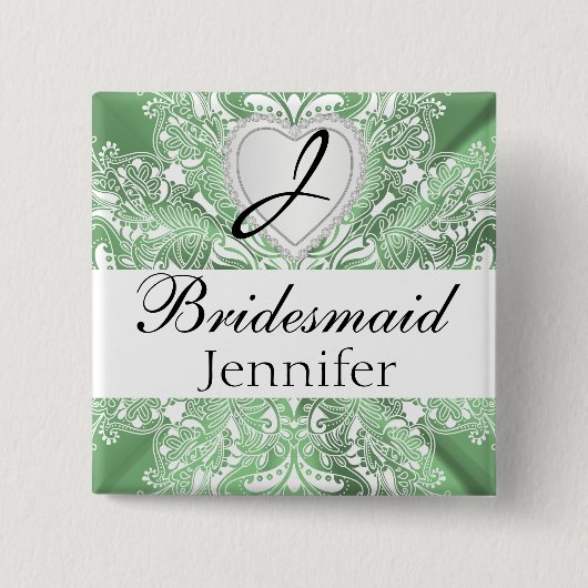 Monogramm-Brautparty-Minzen-Grün-Satin-Entwurf Button (Vorderseite)