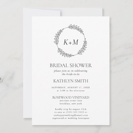 Monogramm-Brautparty mit weißem schwarzem Leaf Einladung (Vorderseite)