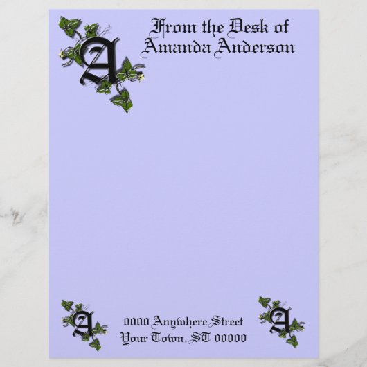 Monogramm-Briefkopf mit Buchstabe A, personalisier Briefbogen (Vorderseite)
