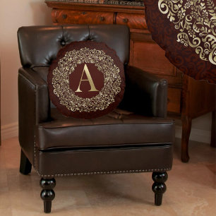 Monogramm Buchstabe A Luxus Gold Burgund Damast Rundes Kissen