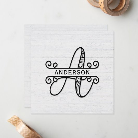 Monogramm Buchstabe A mit Familienname Mitteilungskarte (Vorderseite/Rückseite Beispiel)