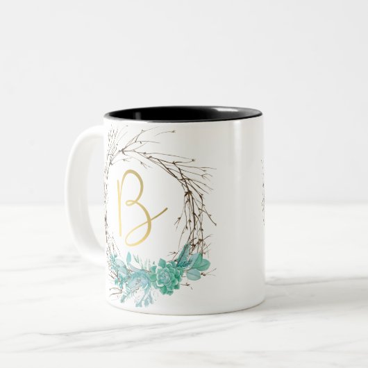Monogramm Buchstabe B in Kranz Zweifarbige Tasse (Vorderseite Links)