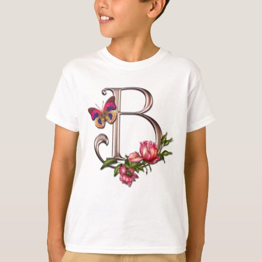 MONOGRAMM-BUCHSTABE B MIT ROSEN UND SCHMETTERLING T-Shirt (Vorderseite)