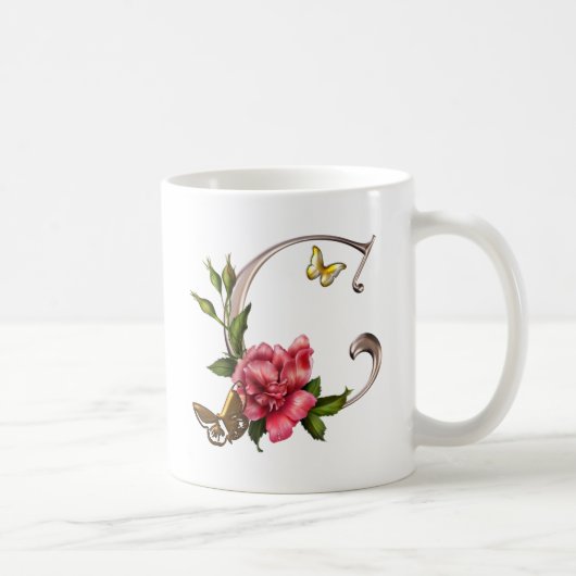 MONOGRAMM-BUCHSTABE C MIT ROSE UND SCHMETTERLINGEN KAFFEETASSE (Rechts)
