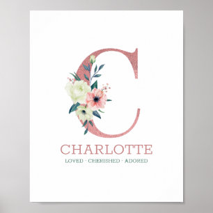 Monogramm Buchstabe C Rosa Aquarell Blumennursery Poster