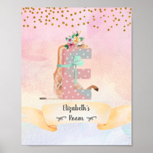 Monogramm Buchstabe E Baby-Giraffe Mädchen-Kinderz Poster