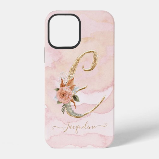 Monogramm Buchstabe E Skript Gold Wasserfarbe Flor iPhone Hülle (Rückseite)