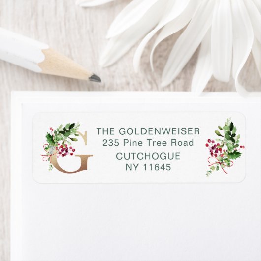 Monogramm Buchstabe G, Pine Holly Berry Label (Insitu)
