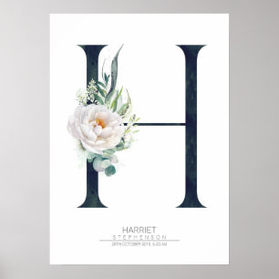 Monogramm Buchstabe H Weiße Blumen und Grün Poster