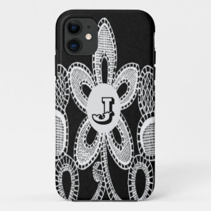 Monogramm Buchstabe J Blüten Schwarz-Weiß-Spitze Case-Mate iPhone Hülle