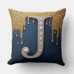 Monogramm Buchstabe J Marine Gold tropfende Farbe Kissen