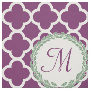 Monogramm-Buchstabe-lila grüner Lorbeer Quatrefoi Stoff