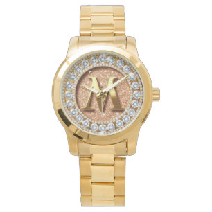 Monogramm Buchstabe M auf rosa-gold glitzerndem Hi Armbanduhr