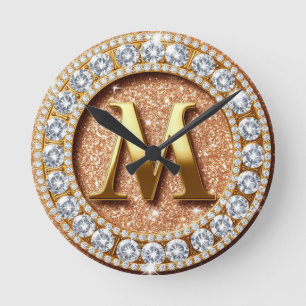 Monogramm Buchstabe M auf roségold glitzerndem Hin Runde Wanduhr