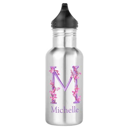 Monogramm Buchstabe M Name orcha rosa lila Edelstahlflasche (Rechts)