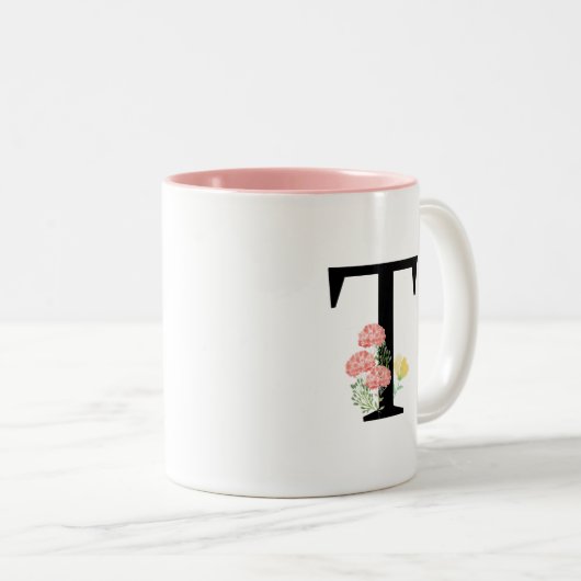 Monogramm Buchstabe T Aquarellfarbe Blume Rosa Spr Zweifarbige Tasse (VorderseiteRechts)