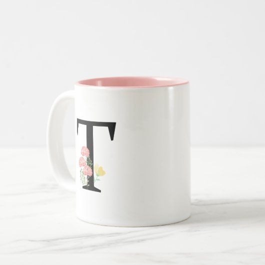 Monogramm Buchstabe T Aquarellfarbe Blume Rosa Spr Zweifarbige Tasse (Vorderseite Links)