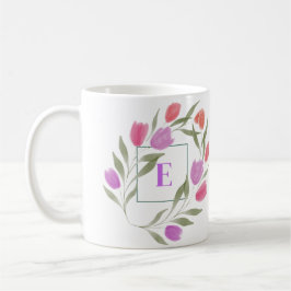 Monogramm Buchstaben E Lila und weiß mit Blume Kaffeetasse