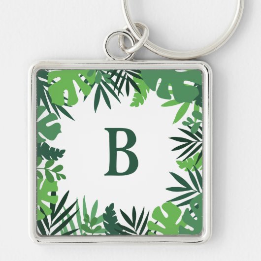 Monogramm-Buchstaben, grün, tropische Blätter Schlüsselanhänger (Vorne)