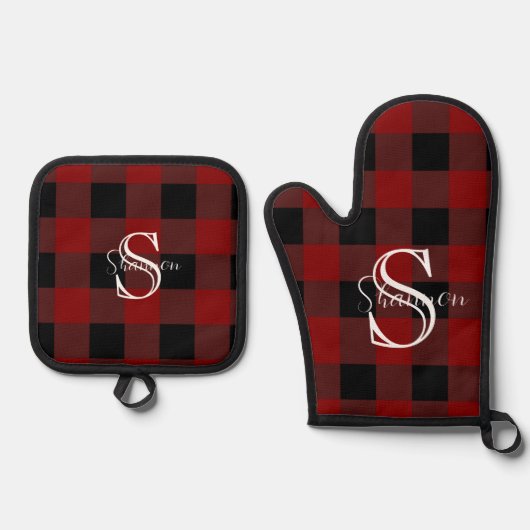 Monogramm Büffel kariert Ofenhandschuh & Topflappen-Set (Vorderseite)