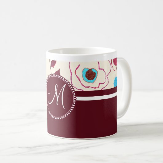 Monogramm-bunte Frühlings-Blumen-Vogel-Maulbeere Kaffeetasse (VorderseiteRechts)