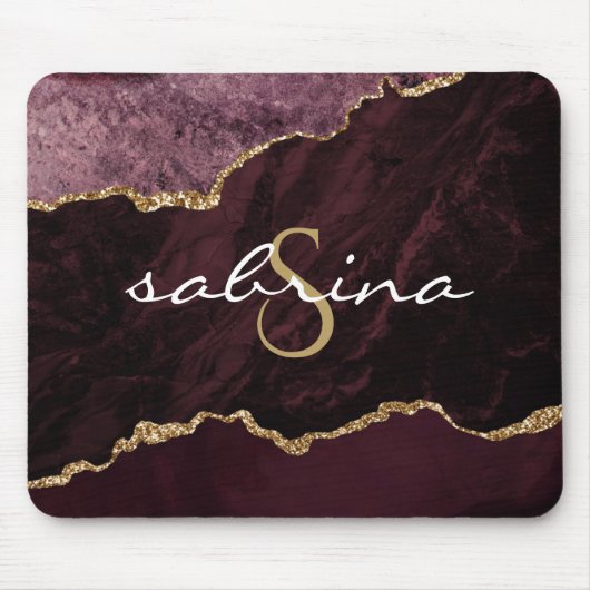 Monogramm Burgund Gold Achat Geode Mousepad (Vorne)