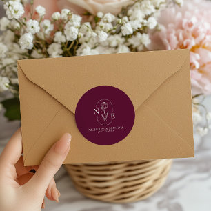 Monogramm Burgund Minimalist Modern Hochzeit Runder Aufkleber