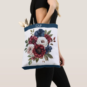 Monogramm Burgund Navy Blau Weiße Blumenbouquet Tasche
