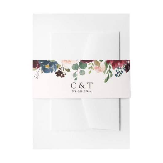 Monogramm Burgunder-Blumenstrauß-| Einladungsbanderole (Vorderseite Beispiel)