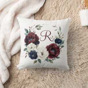 Monogramm Burgunderrot Marineblau Weiß Floral Kissen