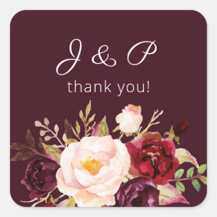 Monogramm Burgundy Marsala und Blush Floral Quadratischer Aufkleber